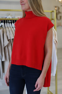 Sleeveless Turtleneck Hi-Lo Sweater, Red