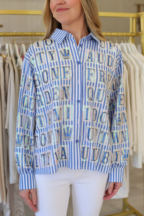 Blue and White NOLA Street Tiles Button Down