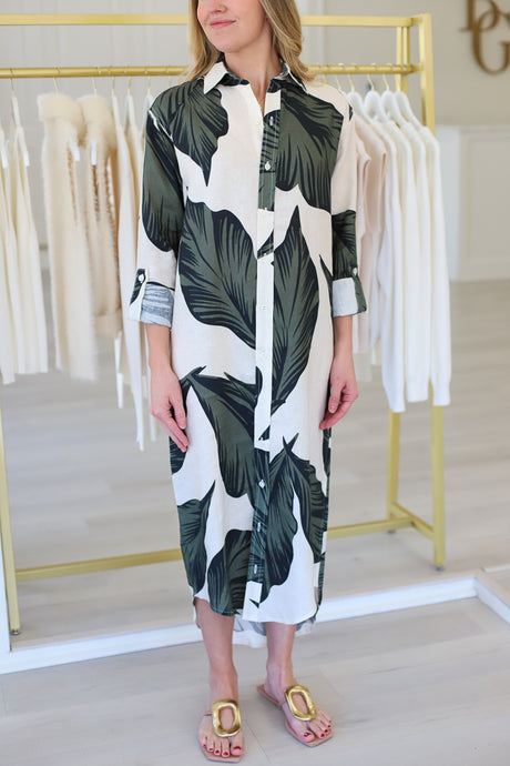 Palm Leaf Linen Midi Dress