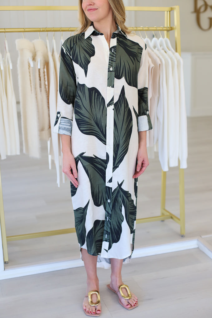 Palm Leaf Linen Midi Dress