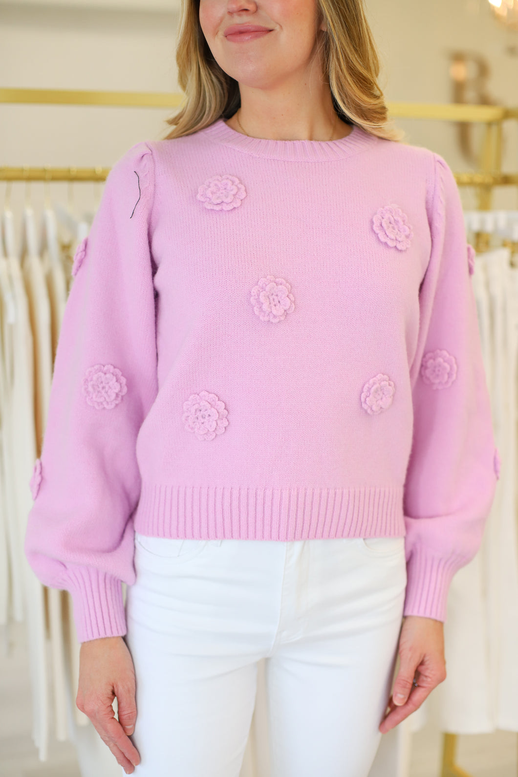 Flower Applique Sweater, Light Pink