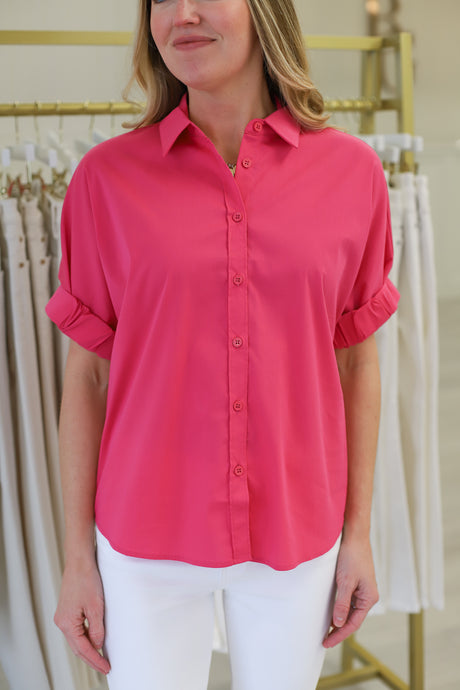 Cinch Sleeve Button Up Blouse, Watermelon