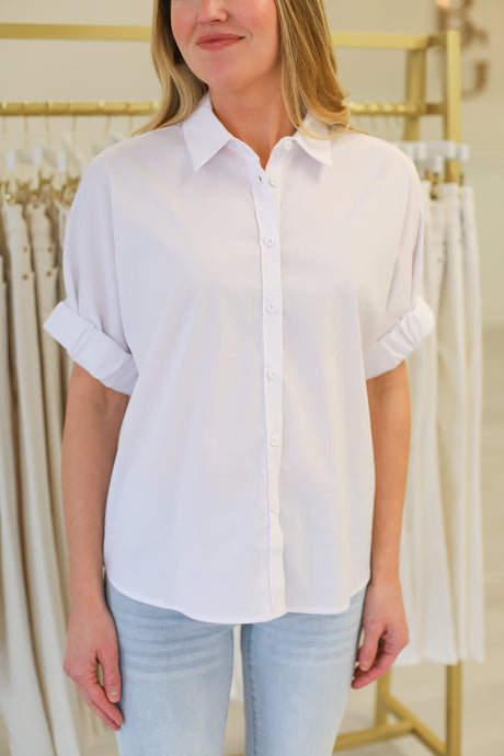 Cinch Sleeve Button Up Blouse, White