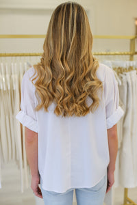 Cinch Sleeve Button Up Blouse, White