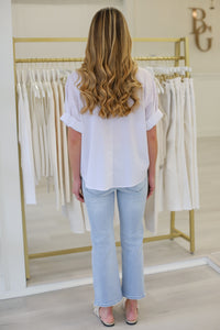Cinch Sleeve Button Up Blouse, White