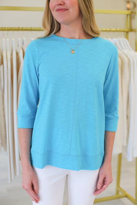 Round Neck 3/4 Sleeve Top, Aquamarine