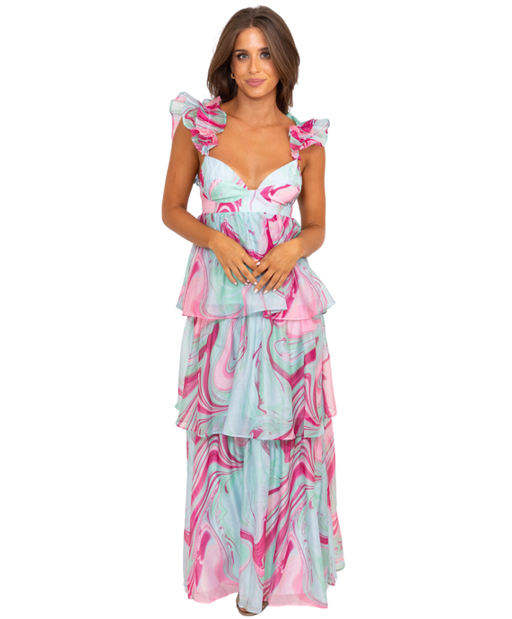 Swirl Organza Tiered Maxi Dress