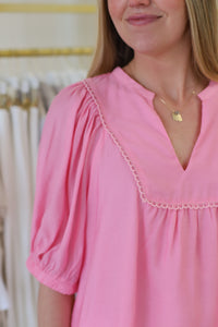 V-Neck Front Yoke Trimmed Top, Pink