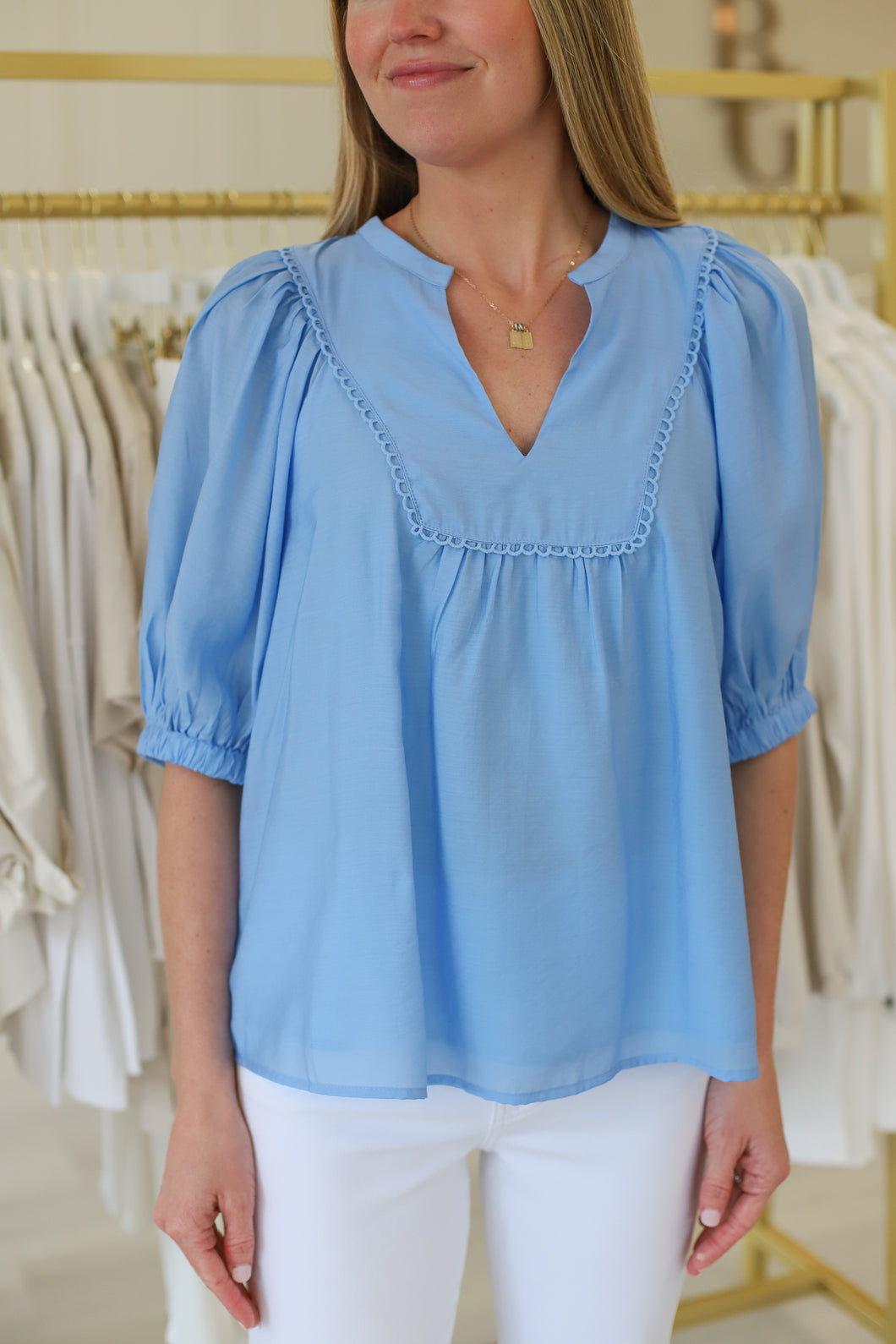 V- Neck Front Yoke Trimmed Top, Blue