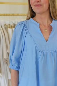 V- Neck Front Yoke Trimmed Top, Blue