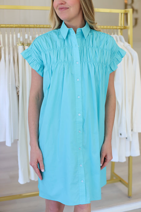 Gathered Shirt Dress, Turquoise