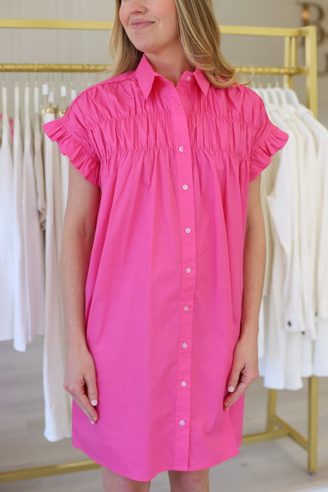 Gathered Shirt Dress, Pink