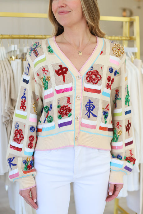 Beige Mahjong Tile Button Up Cardigan