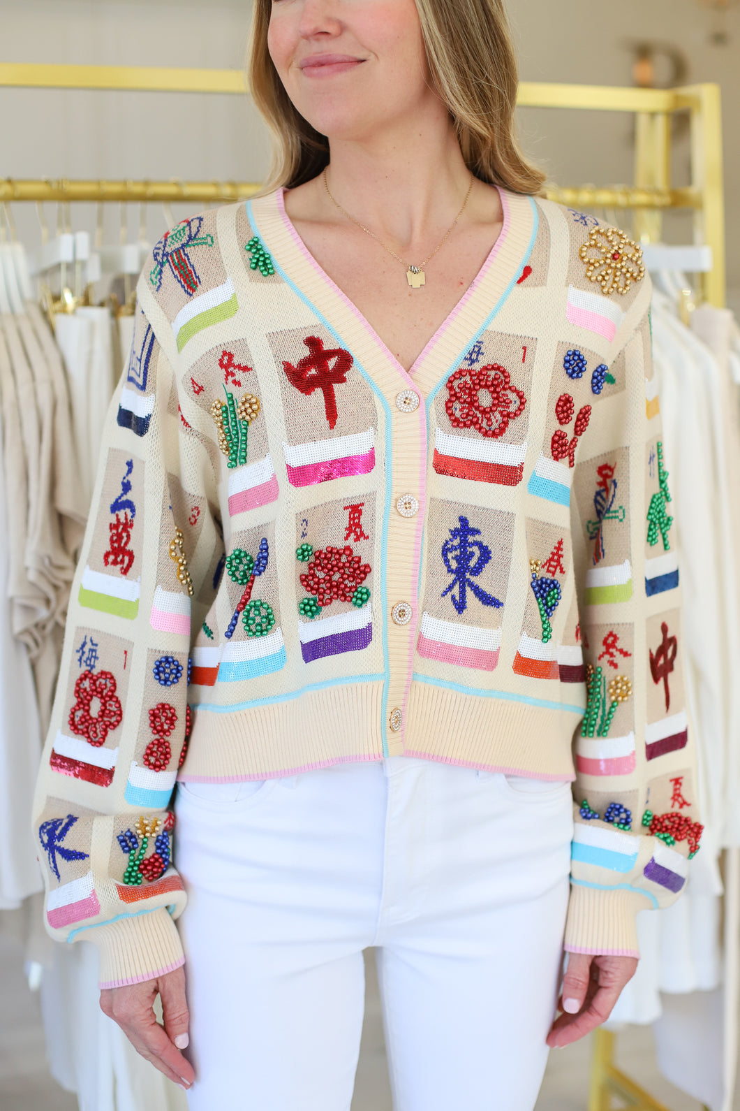 Beige Mahjong Tile Button Up Cardigan