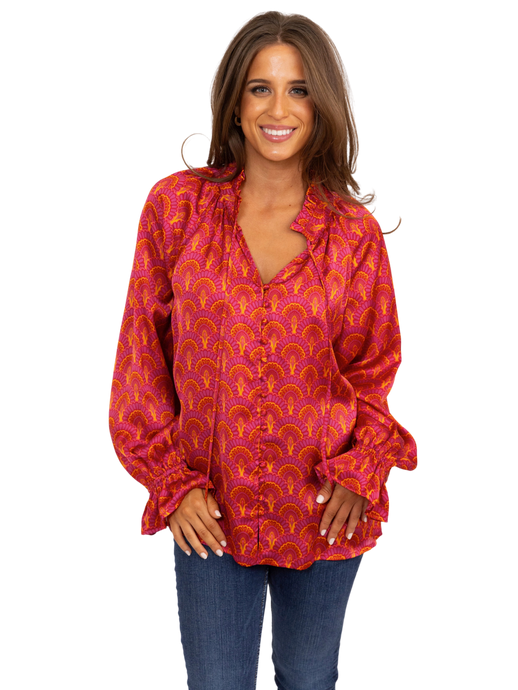 Vintage Fan Satin V-Neck Top