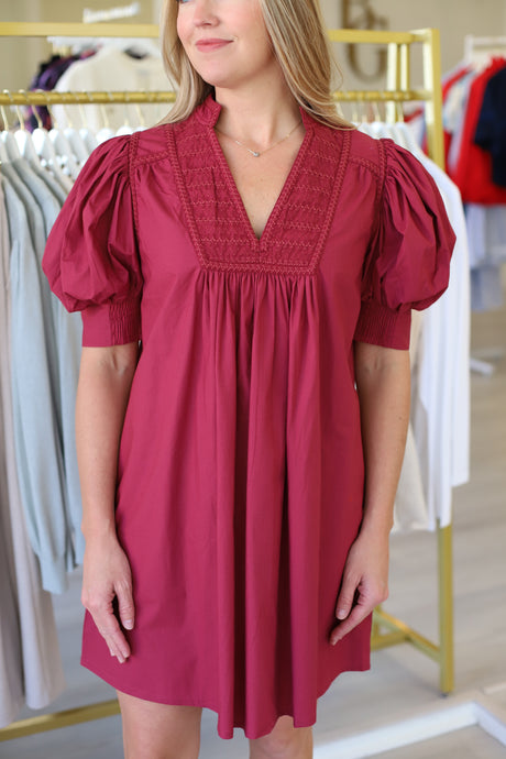 Emilia Embroidered Dress, Maroon