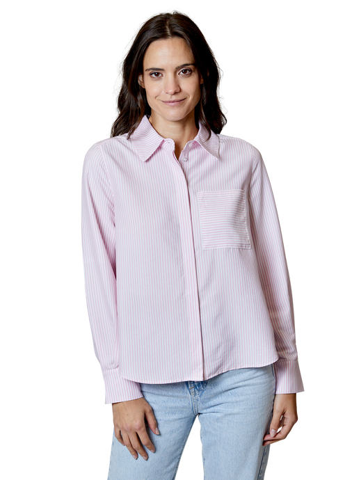 Striped Button Up Collared Shirt, Pink