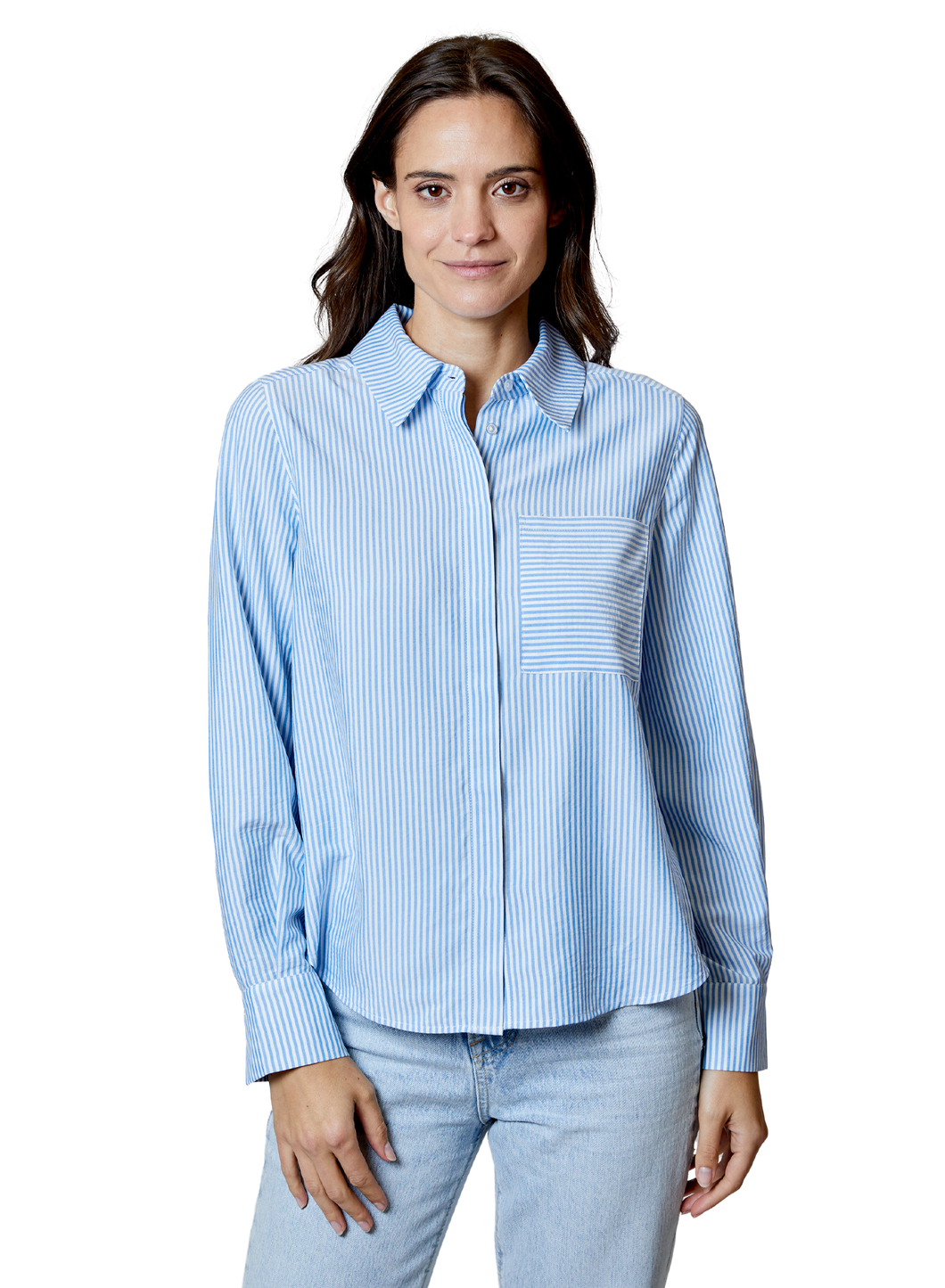 Striped Button Up Collared Shirt, Blue