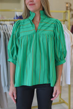 High Neck Puff Sleeve Top, Green Stripe