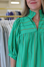 High Neck Puff Sleeve Top, Green Stripe