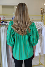 High Neck Puff Sleeve Top, Green Stripe