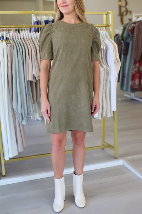 Corduroy Puff Sleeve Dress, Olive