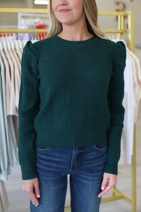 Structured Puff Sleeve Sweater, Dark Green