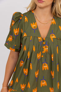Poplin Poppy V-Neck Puff Sleeve Dress