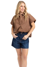 Solid Poplin V-Neck Collar Top, Brown