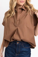 Solid Poplin V-Neck Collar Top, Brown