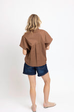 Solid Poplin V-Neck Collar Top, Brown
