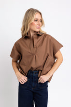 Solid Poplin V-Neck Collar Top, Brown