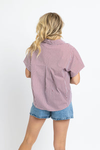 Stripe Signature V-Neck Collar Top, Burgandy