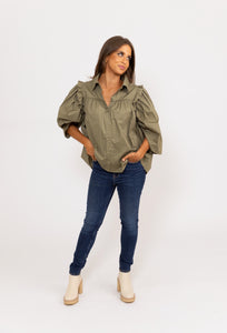 Solid Poplin Ruffle Puff Sleeve Button Top