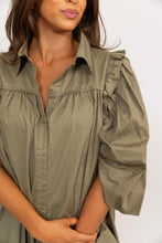 Solid Poplin Ruffle Puff Sleeve Button Top