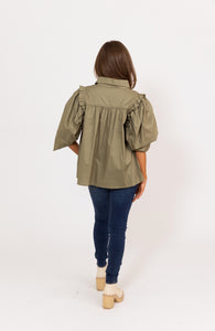 Solid Poplin Ruffle Puff Sleeve Button Top