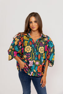 Retro Floral Garden Button Up Ruffle Top