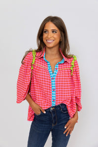 Multi Colorblock Plaid Ruffle Button Up Top