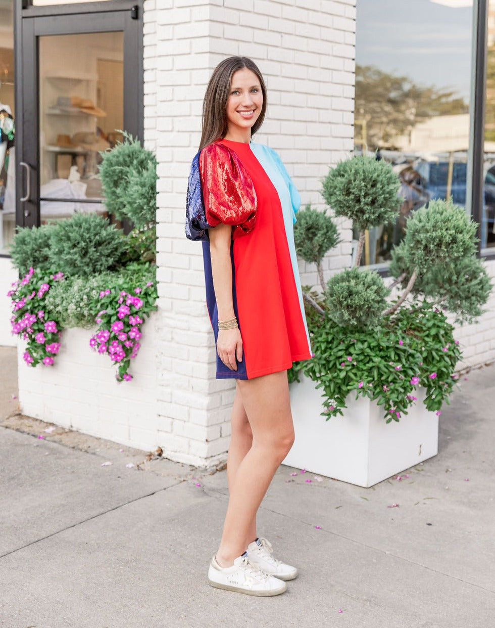 Powder Blue, Red, & Navy Colorblock Sequin Sleeve Dress