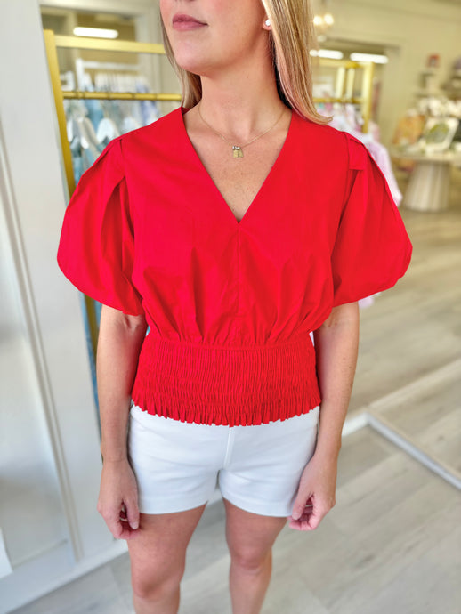 Red Smocked Waist Blouse