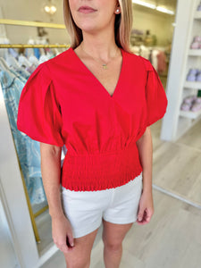 Red Smocked Waist Blouse