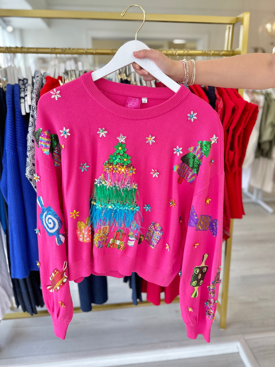 Bright Pink Feather Christmas Tree & Candy Sweater