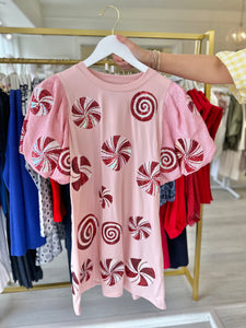 Light Pink Sequin Poof Sleeve Peppermint Dress