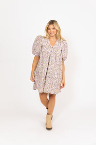 Floral Emboridered V-Neck Puff Sleeve Dress