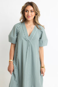 Striped V-Neck Puff Sleeve Maxi Dress