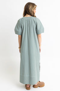 Striped V-Neck Puff Sleeve Maxi Dress