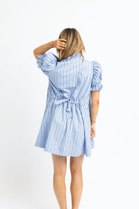 Stripe Poplin Pleat Sleeve Shirt Dress