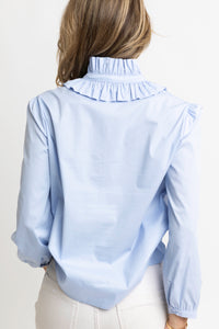 Solid Poplin Ruffle Neck Top, Baby Blue