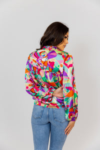 Multi Abstract Satin V-Neck Top