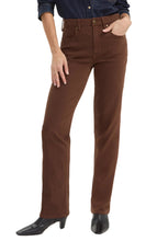 A person wearing brown straight-leg jeans with a navy shirt and black pointed-toe heeled boots, shown from the waist down against a light gray studio background.